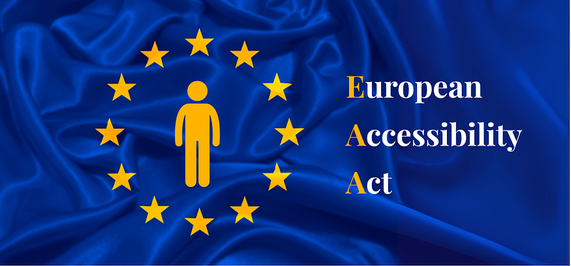 European Accessibility Act with image of EU yellow stars and icon of person inside the ring of stars on a blue silk material background